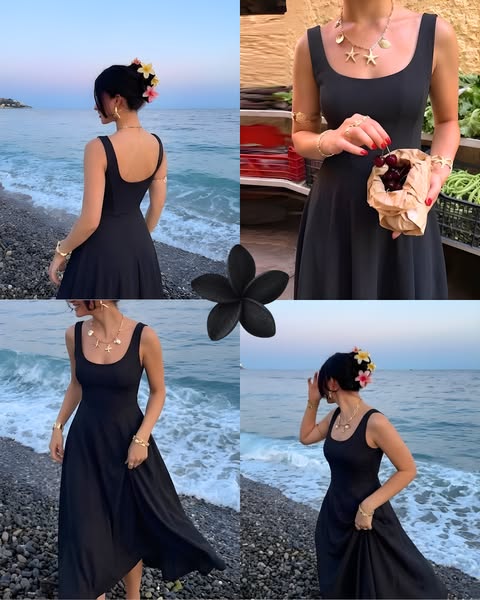 This ad showcases a woman in different scenarios—on a beach and in a town—wearing a black dress and jewelry. It highligh