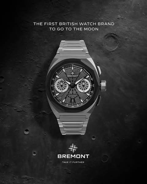 This ad showcases a premium watch brand, BEMONT, highlighting its historical connection to space exploration. The black 