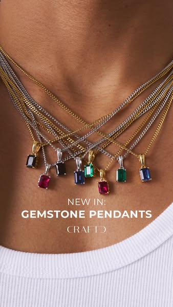 This ad showcases a variety of gemstone pendants from CRAFTD, highlighting their new collection. The ad features a close
