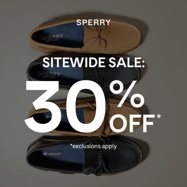 This image ad promotes a sitewide sale of 30% off at Sperry. It features a stack of boat shoes in alternating light brow