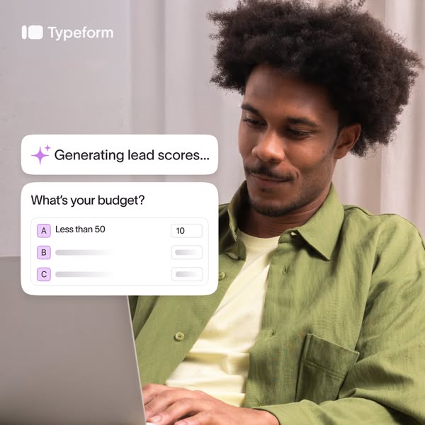 This ad uses a screenshot of a Typeform survey overlaid on a real life image of a person to highlight how the product wo