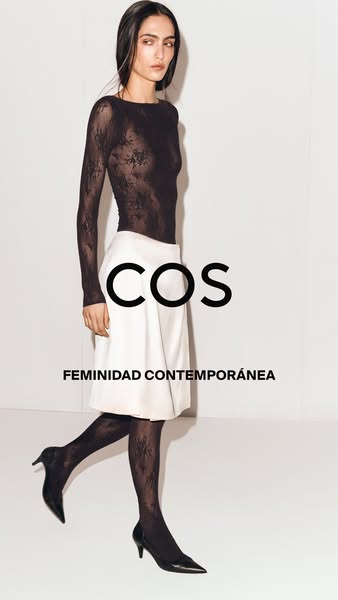 This is an ad for COS featuring a model wearing items from their line. The ad uses the phrase 'feminidad contemporán