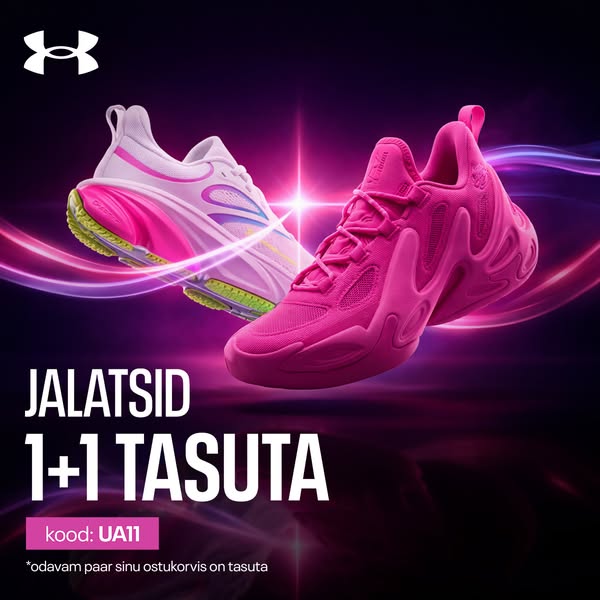 This ad features two pairs of Under Armour sneakers on sale. The deal is buy one get one free. The background is dark wi