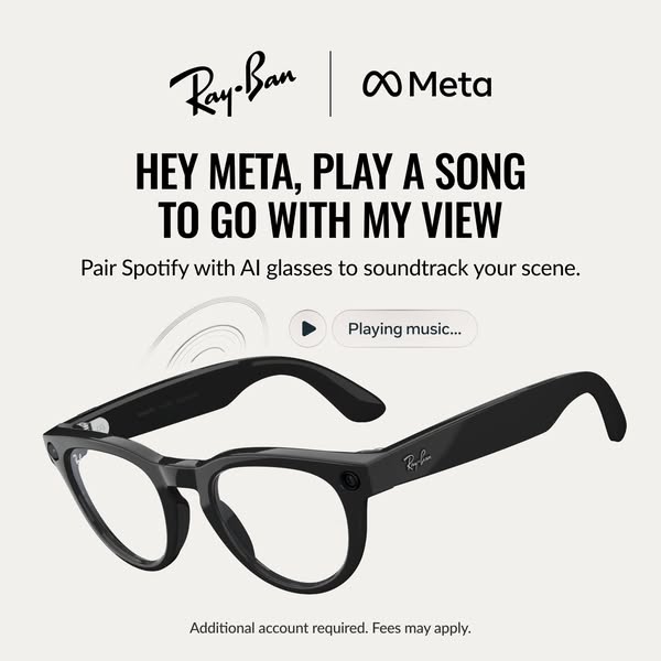 This image ad for Ray-Ban Meta smart glasses showcases the ability to pair the glasses with Spotify and use a voice comm