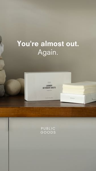 This ad showcases laundry detergent sheets by Public Goods, highlighting the inconvenience of running out and positionin