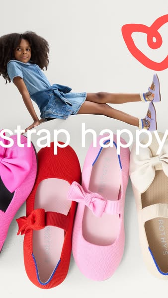 This Rothy's ad showcases various colors of the Mary Jane Strap shoe for children. The ad shows a young girl wearing