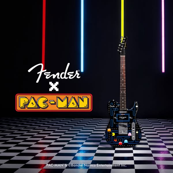 This image ad features a Fender guitar with a PAC-MAN design, set against a black background with neon lighting and a ch