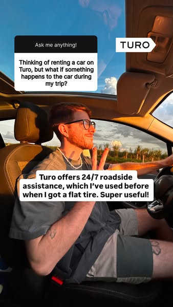 A man in a car answers a question about what happens if something goes wrong during a Turo rental, explaining that Turo 