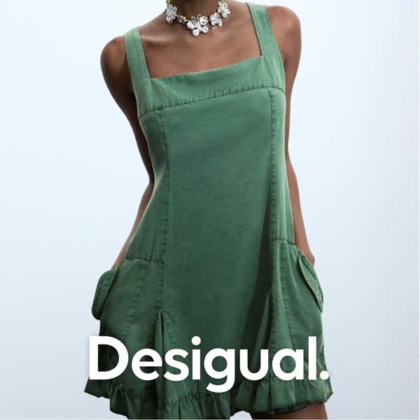 This ad features a Desigual dress worn by a model, showcasing the brand name.