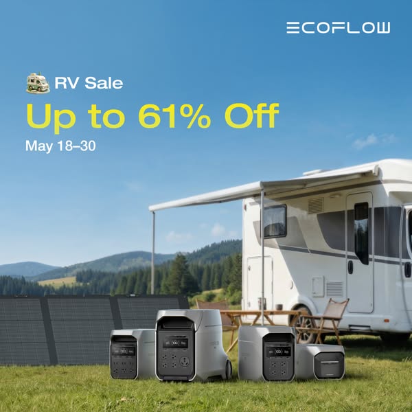 This ad for EcoFlow promotes an RV sale with up to 61% off, lasting from May 18-30. It presents EcoFlow power stations a