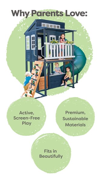 This ad showcases a wooden playset for kids. The ad emphasizes the playset's benefits, such as encouraging active, s