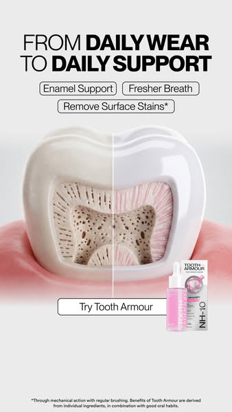 This ad promotes Tooth Armour as a solution for daily tooth wear, providing enamel support, fresher breath, and surface 