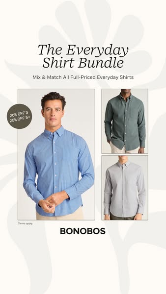 This image ad from Bonobos promotes their everyday shirt bundle and offers a discount for buying multiple shirts. The ad