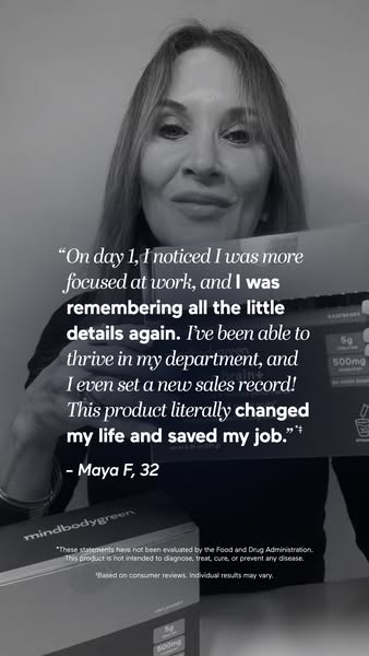 An image ad features a woman with long hair holding a box of mindbodygreen supplements, sharing a positive experience ab