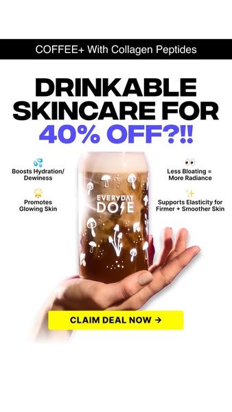 This ad features the coffee product with collagen peptides that the user can drink for skincare benefits. It also shows 