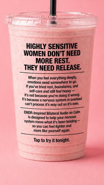 The ad features an image of a strawberry smoothie cup with text layered over it. The text speaks to highly sensitive wom