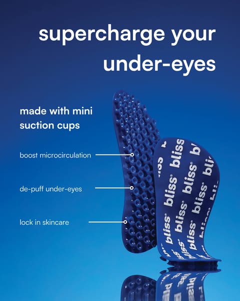The ad promotes Bliss brand under-eye patches, emphasizing their mini suction cups for boosting microcirculation, de-puf