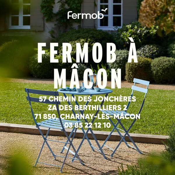 This ad showcases the location of Fermob in Mâcon, France, with an image of Fermob furniture in an outdoor setting. It a