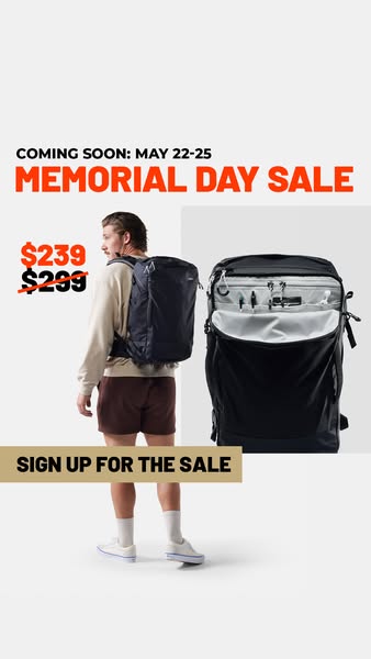 This ad promotes a Memorial Day sale for a backpack, highlighting a limited-time offer.