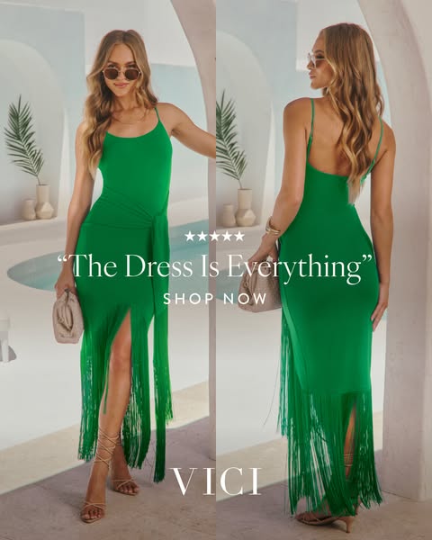 This image ad showcases a model wearing a green dress from VICI, emphasizing its stylish design and flattering fit. The 