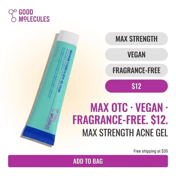 This ad for Good Molecules promotes their Maximum Strength Acne Gel Cream. The product and its key features are called o