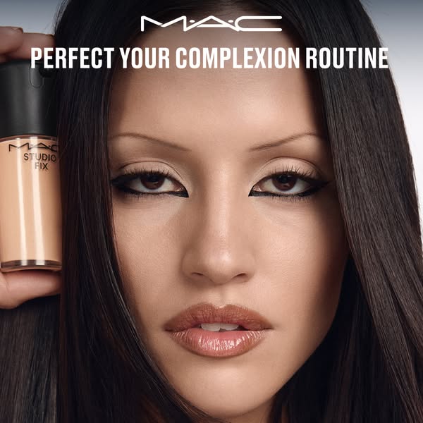 This ad features the MAC Studio Fix foundation. The focal point is a close-up of a model's face with flawless skin, 