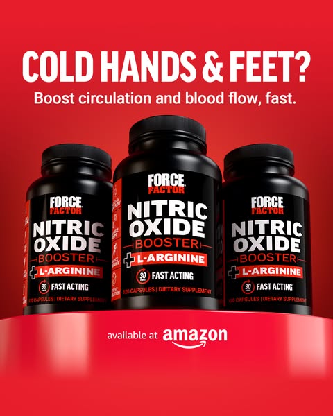 This image ad for Force Factor Nitric Oxide Booster highlights the product's ability to boost circulation and blood 