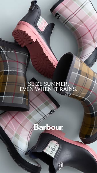 This image ad showcases a collection of Barbour rain boots, emphasizing their blend of style and practicality for the su