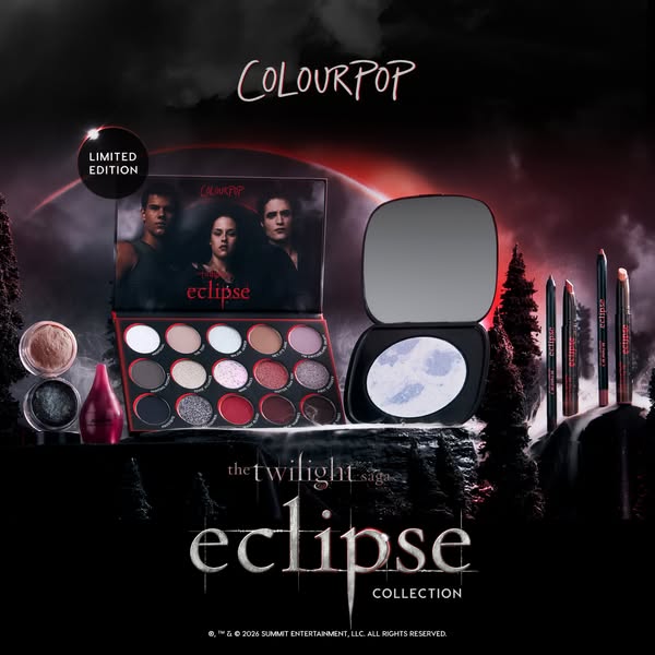 This image ad showcases a makeup collection from ColourPop inspired by the Twilight Saga: Eclipse. The ad highlights sev