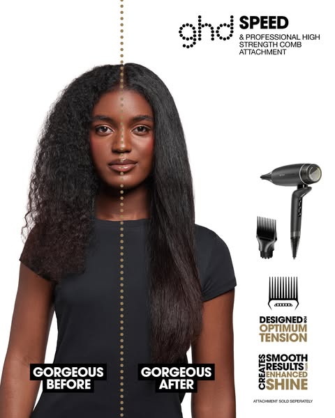 This ad features a before and after image of a woman with textured hair, demonstrating how the GHD Speed & Professio