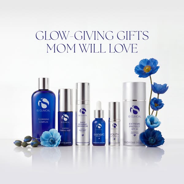 An ad for IS Clinical products featuring a variety of skin care products and promoting them as the perfect gift for Mom.