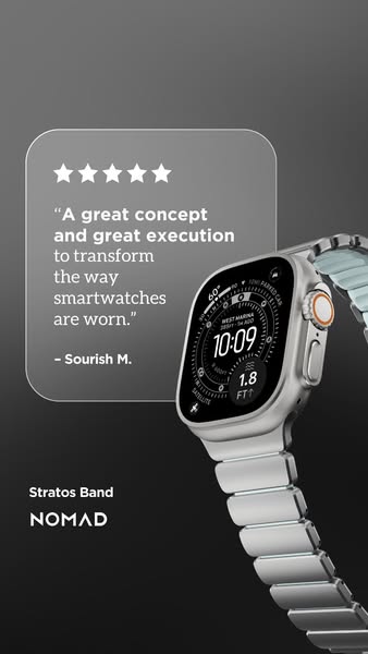 This ad promotes Nomad's Stratos Band for smartwatches. It features a close-up of the band attached to a smartwatch,