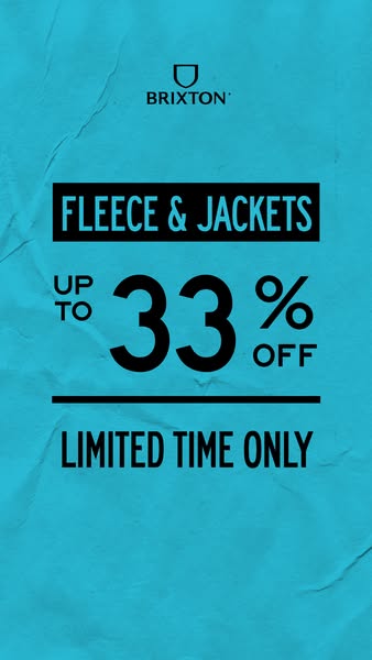 An image ad promoting a limited time offer of up to 33% off on fleeces and jackets from Brixton.