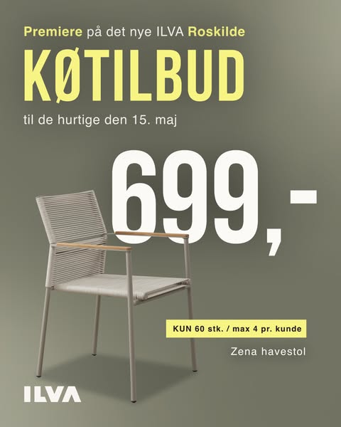 This ad promotes an outdoor chair at a discounted price for a limited time, highlighting the premiere of the new ILVA Ro