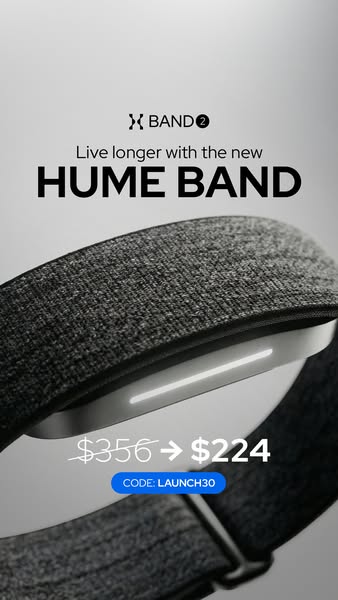This ad promotes the Hume Band, highlighting its features and offering a discount. The ad uses a minimalist aesthetic, f
