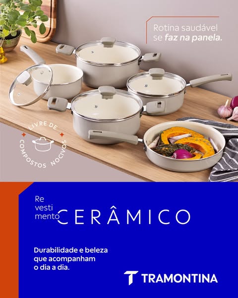 This image ad is for Tramontina ceramic cookware. The ad shows a variety of pots and pans on a counter, with a dark blue