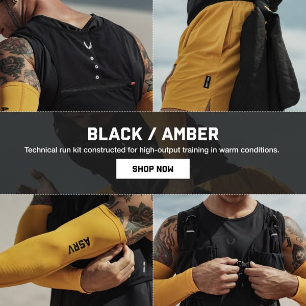 This image ad showcases a black and amber technical running kit, designed for high-output training in warm weather. The 