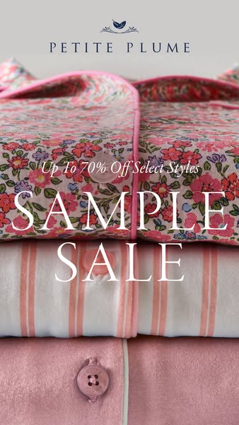An image of a neatly stacked pile of Petite Plume pajamas, drawing attention to a sample sale.