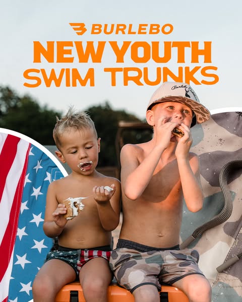 This image ad features two young boys enjoying themselves outdoors, eating s'mores, and showcasing Burlebo's new