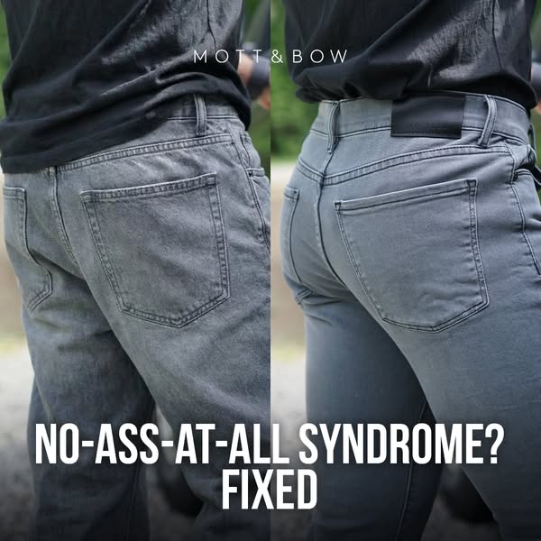 This image ad utilizes a before/after comparison to showcase how Mott & Bow jeans can enhance the wearer's figur
