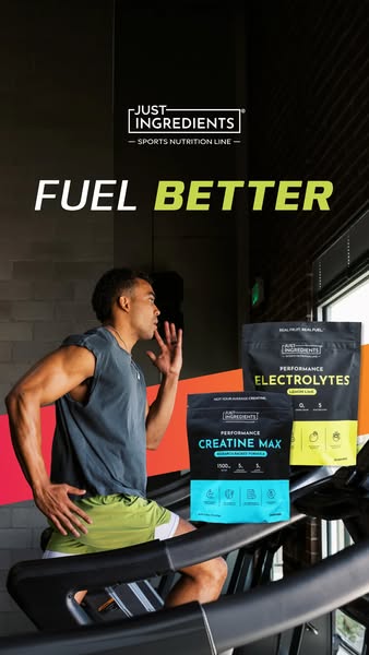 This ad for Just Ingredients promotes their sports nutrition line. It features a person using a treadmill and highlights