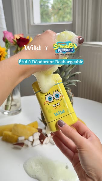 This ad showcases a Wild deodorant stick in a limited-edition SpongeBob SquarePants case. The ad shows the product being