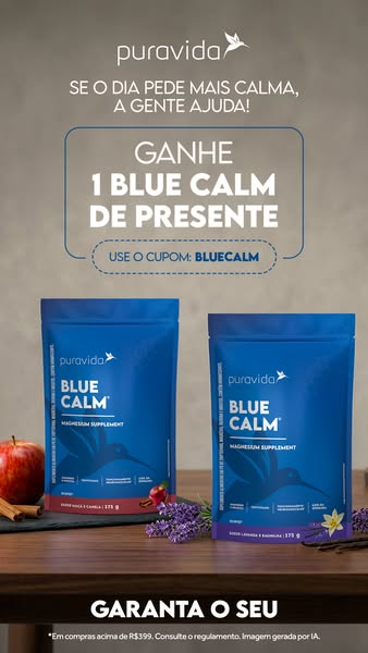This image ad by Puravida promotes Blue Calm magnesium supplement, offering one free with a coupon code for purchases ab