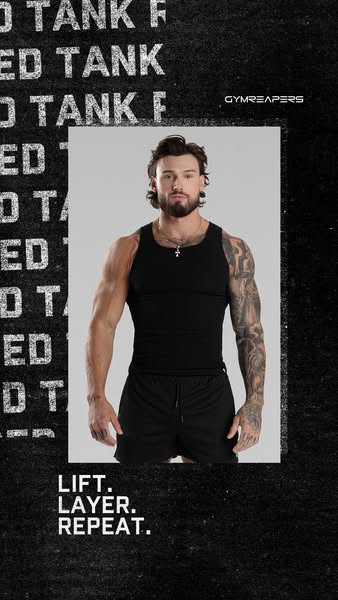 This ad promotes Gymreapers workout tank tops with a fitness-focused theme, showcasing an athlete wearing the product wi