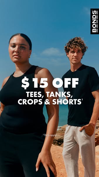 This ad promotes a sale for select apparel from Bonds. Two models are shown standing in front of a beach with blue sky a