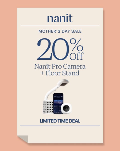 This image ad promotes a Mother's Day sale for the Nanit Pro Camera and Floor Stand, offering 20% off for a limited 