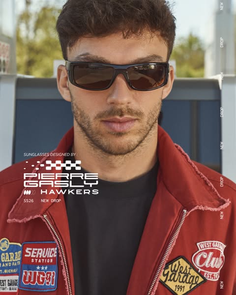 This ad features Pierre Gasly modeling sunglasses from the Hawkers brand. The sunglasses are part of the new SS26 drop. 