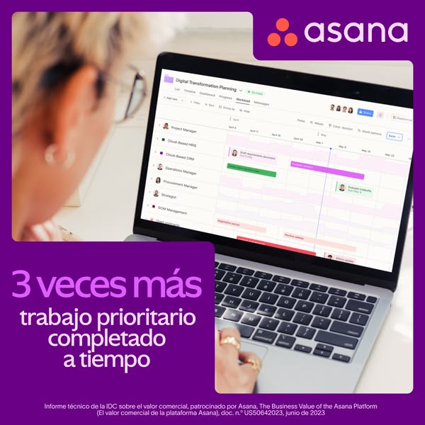This image ad for Asana highlights the benefit of completing more priority work on time. The ad features a person workin