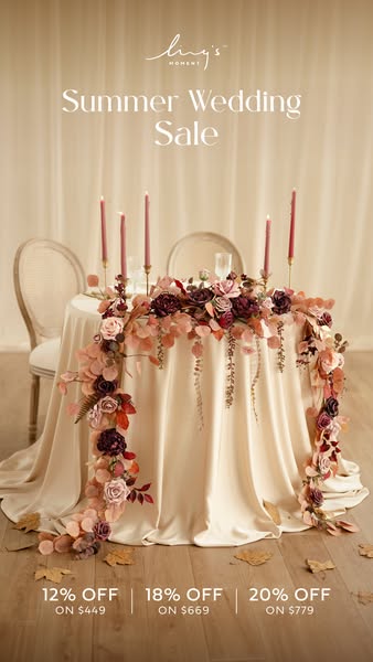 This image ad is for Ling's Moment's Summer Wedding Sale. It features a styled wedding table with a floral garla
