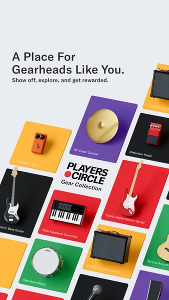This ad promotes Players Circle, a gear collection app, by displaying various musical instruments and gear laid out on b